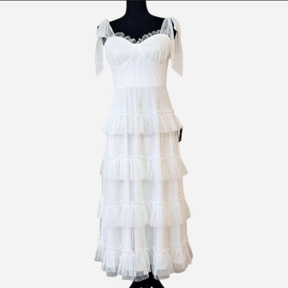 LULUS Women's White Ruffled Midi Dress With Adjustable Straps. Size M